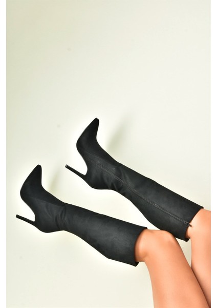 Siyah Süet Ince Topuklu Sivri Burun Kadın Çizme N372530102