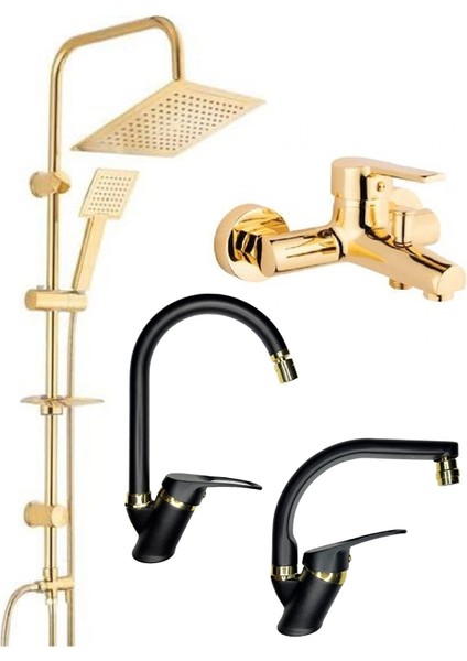 Armilla Kare Gold Robot Duş Seti, Gold Banyo, Siyah Gold Eviye ve Lavabo Bataryası Musluğu 4’lü Lüx Full Set Kare