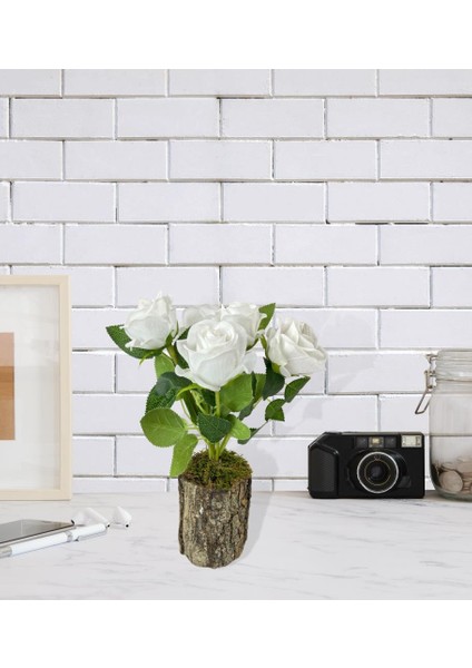Doğal Ağaç Kütük Üzerine Aranje Edilmiş 5 Adet Yapay Beyaz Kadife Gül modelleri