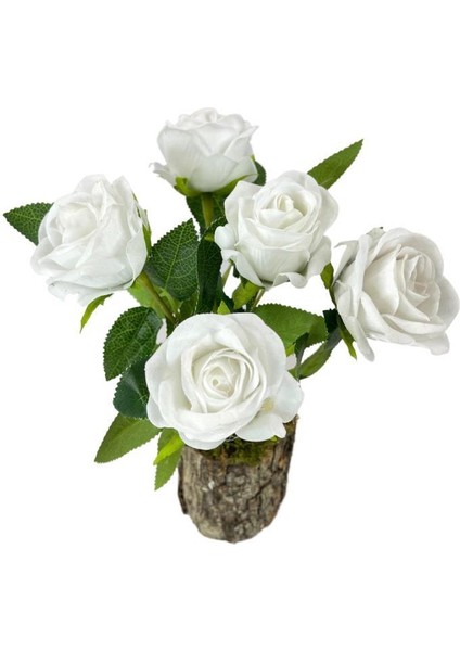 Doğal Ağaç Kütük Üzerine Aranje Edilmiş 5 Adet Yapay Beyaz Kadife Gül fırsatları