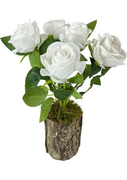 Doğal Ağaç Kütük Üzerine Aranje Edilmiş 5 Adet Yapay Beyaz Kadife Gül indirimleri