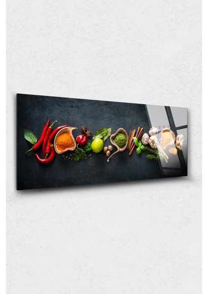 Baharatlar Cam Tablo Restoran ve Mutfak Tablo Nane Kırmızı Biber Sarımsak Limon Tarçın Kimyon Dekorasyonu 47 x 30 cm
