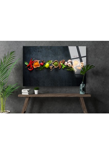 Baharatlar Cam Tablo Restoran ve Mutfak Tablo Nane Kırmızı Biber Sarımsak Limon Tarçın Kimyon Dekorasyonu 47 x 30 cm modelleri