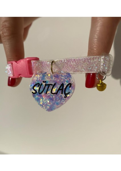 "kalp" Şeklinde Beyaz Tasma - Zilli - Light Blue Glitter - Isimli Kedi Tasması fiyatları