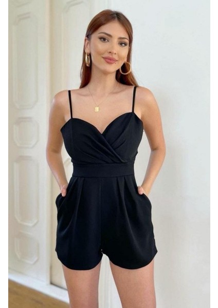 Askılı Kruvaze Yaka Şort Tulum (Siyah)