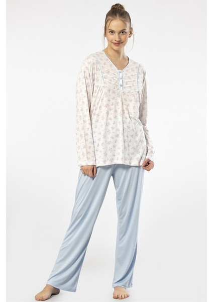 3366 Mavi Kadın Empirme Patlı Battal Uzun Kollu Pijama Takım fiyatları