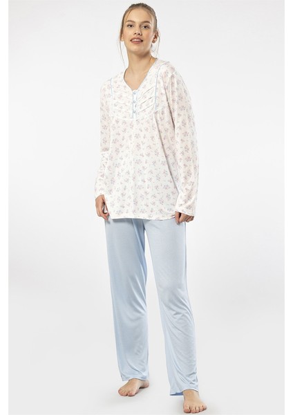 3366 Mavi Kadın Empirme Patlı Battal Uzun Kollu Pijama Takım modelleri