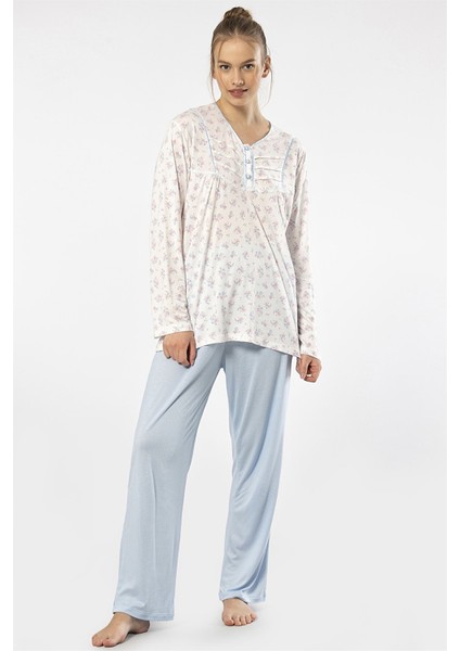 3366 Mavi Kadın Empirme Patlı Battal Uzun Kollu Pijama Takım fırsatları