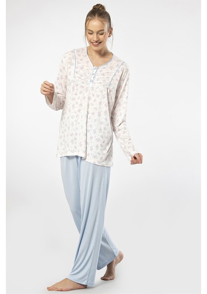 3366 Mavi Kadın Empirme Patlı Battal Uzun Kollu Pijama Takım indirimleri