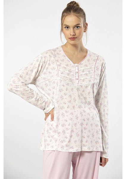 3366 Pembe Kadın Empirme Patlı Battal Uzun Kollu Pijama Takım