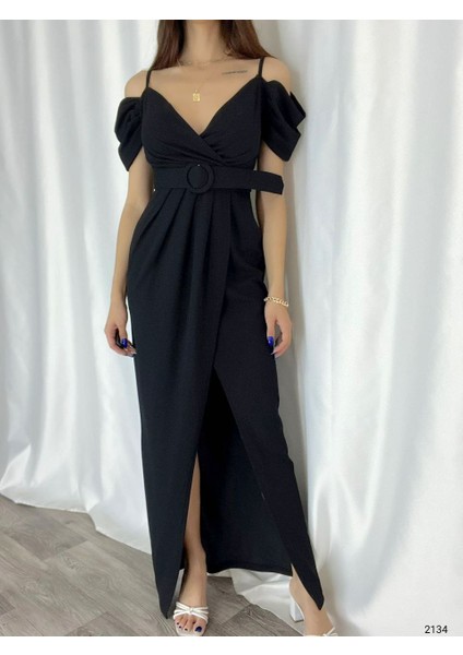 Omuz Detaylı Kemerli Önden Yırtmaç Detaylı Ithal Krep Kumaş Abiye Elbise (Renk Seçenekli) modelleri