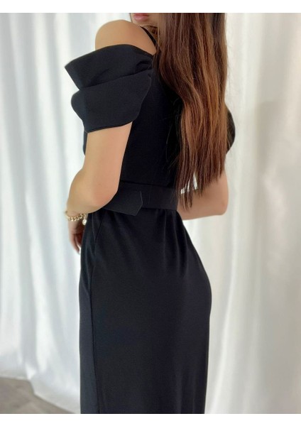 Omuz Detaylı Kemerli Önden Yırtmaç Detaylı Ithal Krep Kumaş Abiye Elbise (Renk Seçenekli) fırsatları