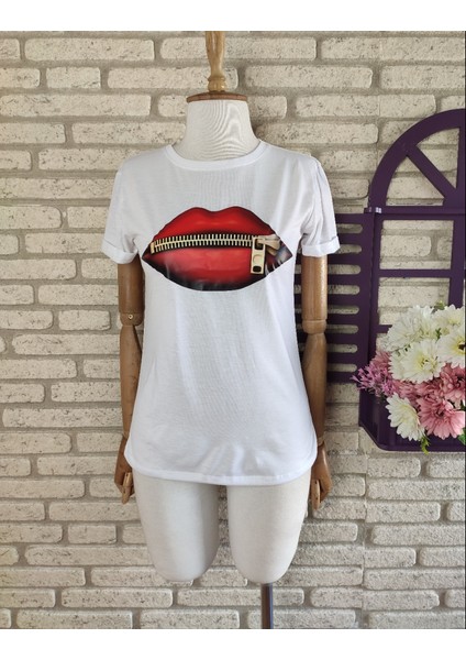 Dudak Baskılı Pamuklu Süprem Kumaş Tişört 65CM fiyatları