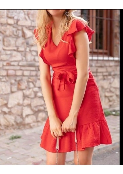 Fırfır Detay Kuşaklı Aerobin Kumaş Elbise 88CM (Kırmızı) fiyatları