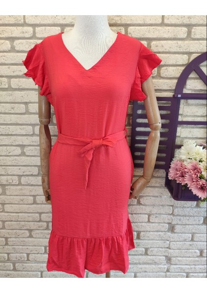 Fırfır Detay Kuşaklı Aerobin Kumaş Elbise 88CM (Kırmızı) modelleri