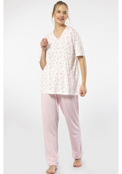 3369 Pembe Kadın Empirme Patlı Battal Kısa Kollu Pijama Takım modelleri