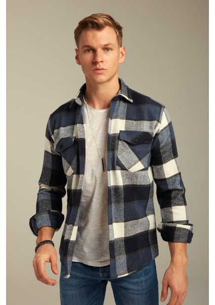 Mavi Erkek Slim Fit Düğmeli Yaka Çift Cepli Oduncu Ekose Gömlek