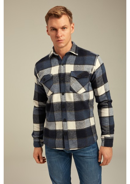 Mavi Erkek Slim Fit Düğmeli Yaka Çift Cepli Oduncu Ekose Gömlek modelleri