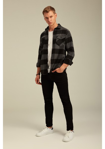 Antrasit Erkek Slim Fit Düğmeli Yaka Çift Cepli Oduncu Ekose Gömlek fiyatları