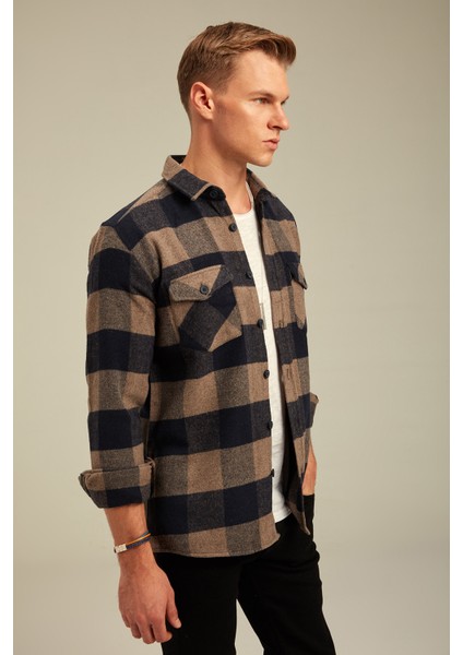 Kahverengi Erkek Slim Fit Düğmeli Yaka Çift Cepli Oduncu Ekose Gömlek fırsatları