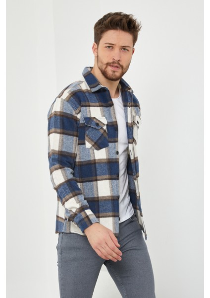 Mavi-Kahverengi Erkek Slim Fit Düğmeli Yaka Çift Cepli Oduncu Ekose Gömlek modelleri