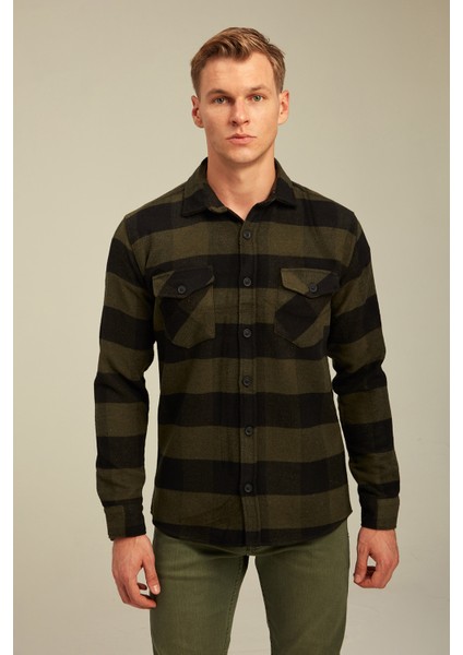 Haki Erkek Slim Fit Düğmeli Yaka Çift Cepli Oduncu Ekose Gömlek fiyatları