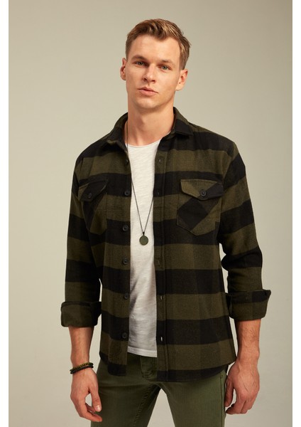 Haki Erkek Slim Fit Düğmeli Yaka Çift Cepli Oduncu Ekose Gömlek modelleri
