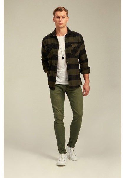 Haki Erkek Slim Fit Düğmeli Yaka Çift Cepli Oduncu Ekose Gömlek fırsatları