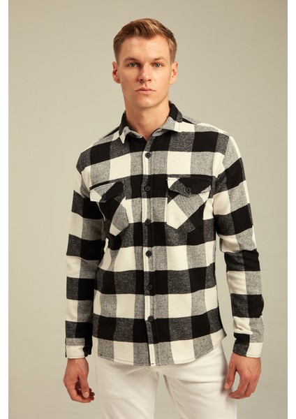 Beyaz Erkek Slim Fit Düğmeli Yaka Çift Cepli Oduncu Ekose Gömlek