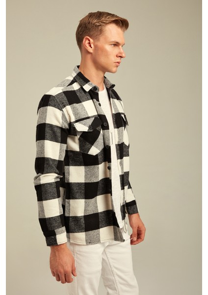 Beyaz Erkek Slim Fit Düğmeli Yaka Çift Cepli Oduncu Ekose Gömlek fırsatları