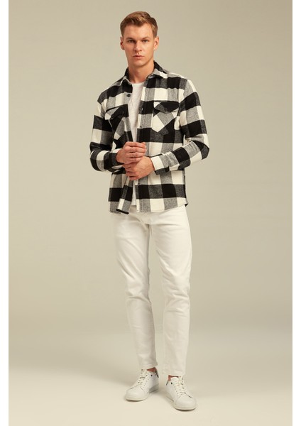 Beyaz Erkek Slim Fit Düğmeli Yaka Çift Cepli Oduncu Ekose Gömlek fiyatları
