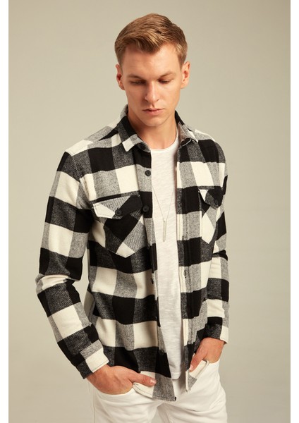 Beyaz Erkek Slim Fit Düğmeli Yaka Çift Cepli Oduncu Ekose Gömlek modelleri