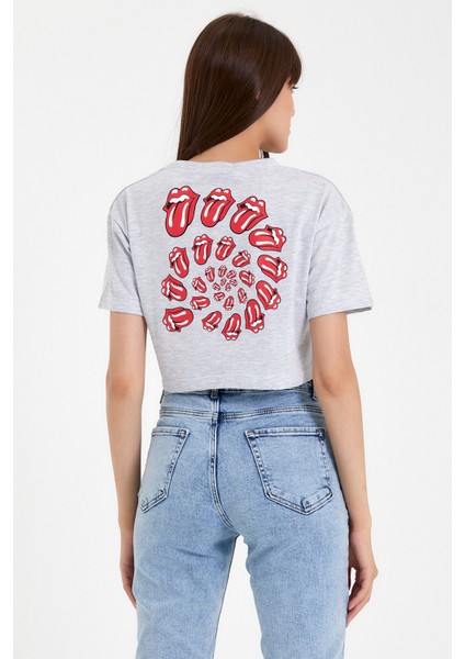 Gri Kadın Dil Ön Arka Baskılı Crop TSHIRT-XDLBYNTSTR03L