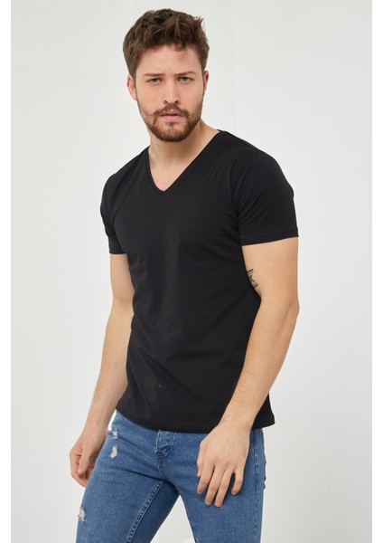 Erkek Siyah V Yaka Slim Fit Likralı T-SHIRT-VYKTSR06S