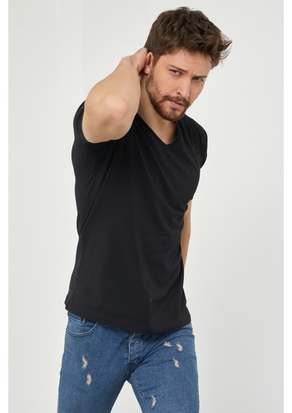 Erkek Siyah V Yaka Slim Fit Likralı T-SHIRT-VYKTSR06S