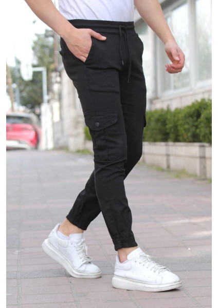 Erkek Siyah Paçası Beli Lastikli Likralı Jogger Pantolon
