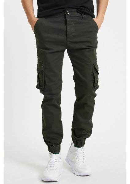 Haki Erkek Slim Fit Körüklü Cep Paça Lastikli Esnek Kumaş Kargo Pantolon