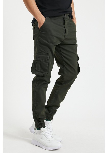 Haki Erkek Slim Fit Körüklü Cep Paça Lastikli Esnek Kumaş Kargo Pantolon