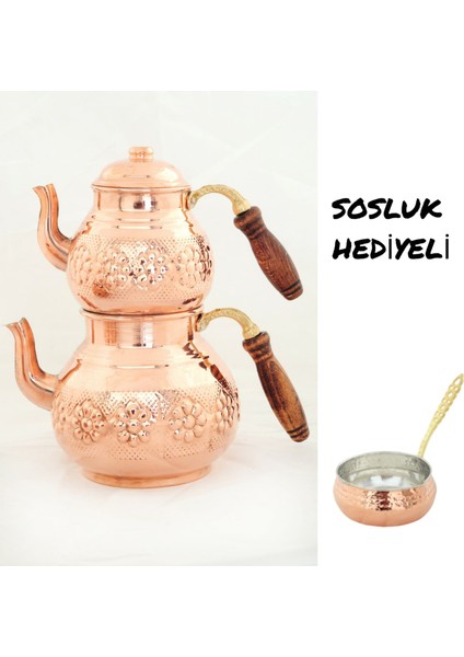 Bakır Papatya Desenli Çaydanlık Takımı , Sosluk Hediyeli