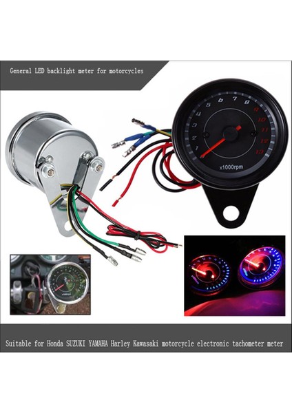 Motosiklet 13000RPM Takometre Tacho Gauge Metre LED Backlight 12V Siyah