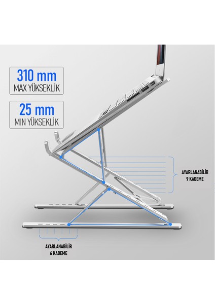 DM09 12.6''-15.6''-17.3'' Çift Katlı 15 Seviyeli Katlanabilir Taşınabilir Alüminyum Dizüstü Laptop Notebook Stant