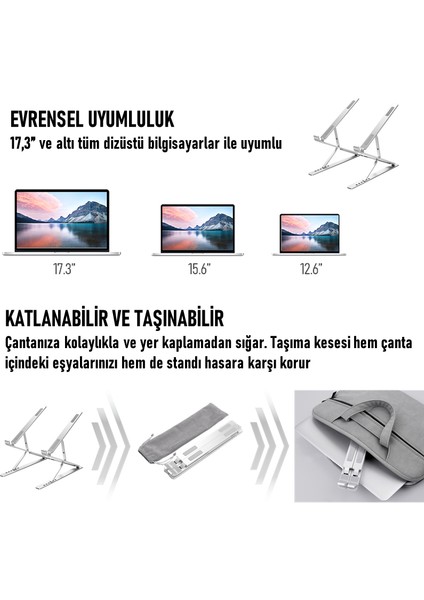 DM09 12.6''-15.6''-17.3'' Çift Katlı 15 Seviyeli Katlanabilir Taşınabilir Alüminyum Dizüstü Laptop Notebook Stant