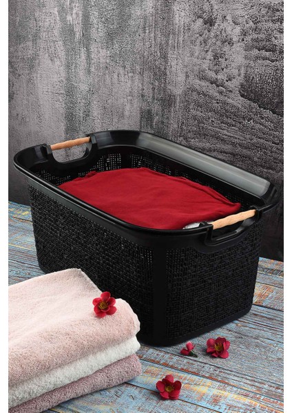 Tuffex Woow Desen Ahşap Kulplu Çamaşır Sepeti 30 Lt Pudra