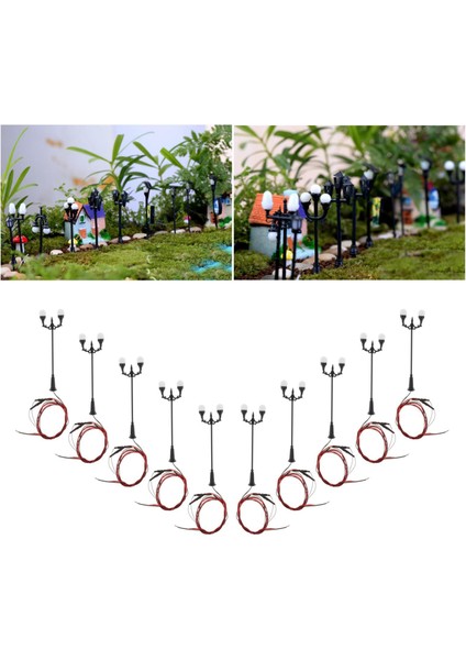 10X 1: 100 Mini Street Lights Streetlamp Dış Mekan Minyatür Bahçe Lambası Dekor Sıcak Beyaz (Yurt Dışından)