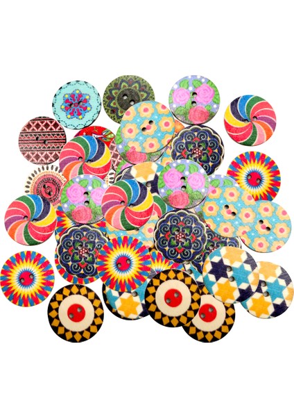 100ADET 2. Delik Ahşap Dikiş Düğmeleri Renkli Boyama Deseni 25MM (Yurt Dışından)