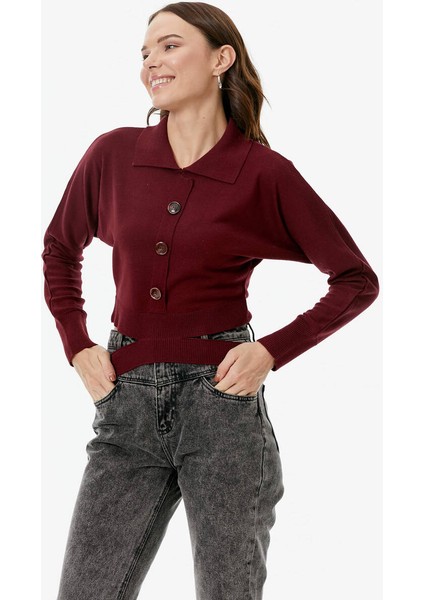 Parça Detaylı Polo Yaka Düğmeli Triko Crop - Bordo