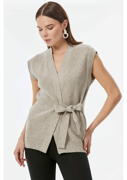 Kendinden Kemerli Triko Yelek - Vizon fiyatları