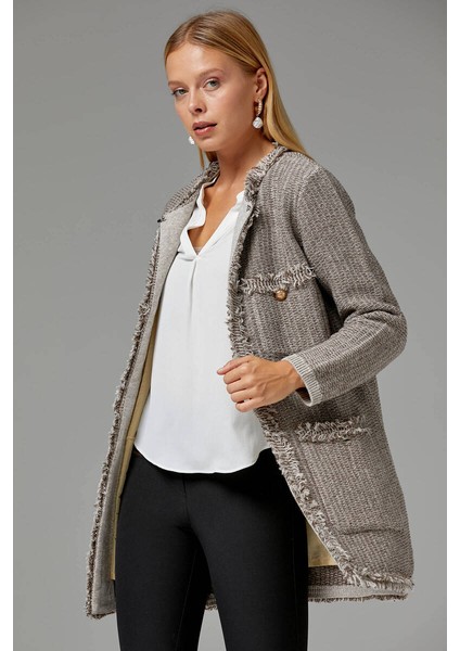 Sıfır Yaka Cepleri Düğmeli Astarlı Triko Ceket - Vizon - Kahverengi