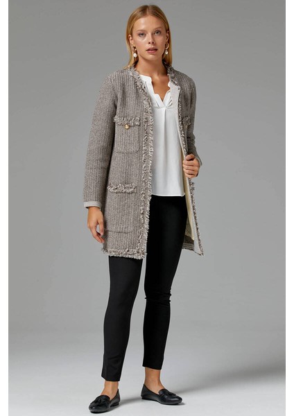 Sıfır Yaka Cepleri Düğmeli Astarlı Triko Ceket - Vizon - Kahverengi fiyatları