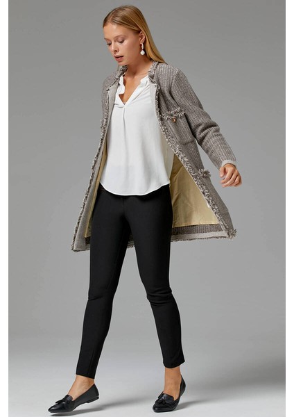 Sıfır Yaka Cepleri Düğmeli Astarlı Triko Ceket - Vizon - Kahverengi modelleri